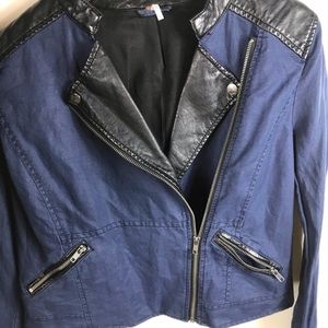 Free People navy linen black vegan bomber jacket